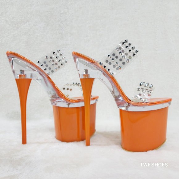 Sleek Slim 8" Towering Platform Heels Orange Double Clear Spiked Straps … - Picture 5 of 12